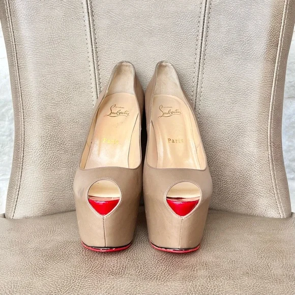 Christian Louboutin Highness 160 Nude Tan Platform Red Peep Toe Euro 38 1/2 - Picture 4 of 16